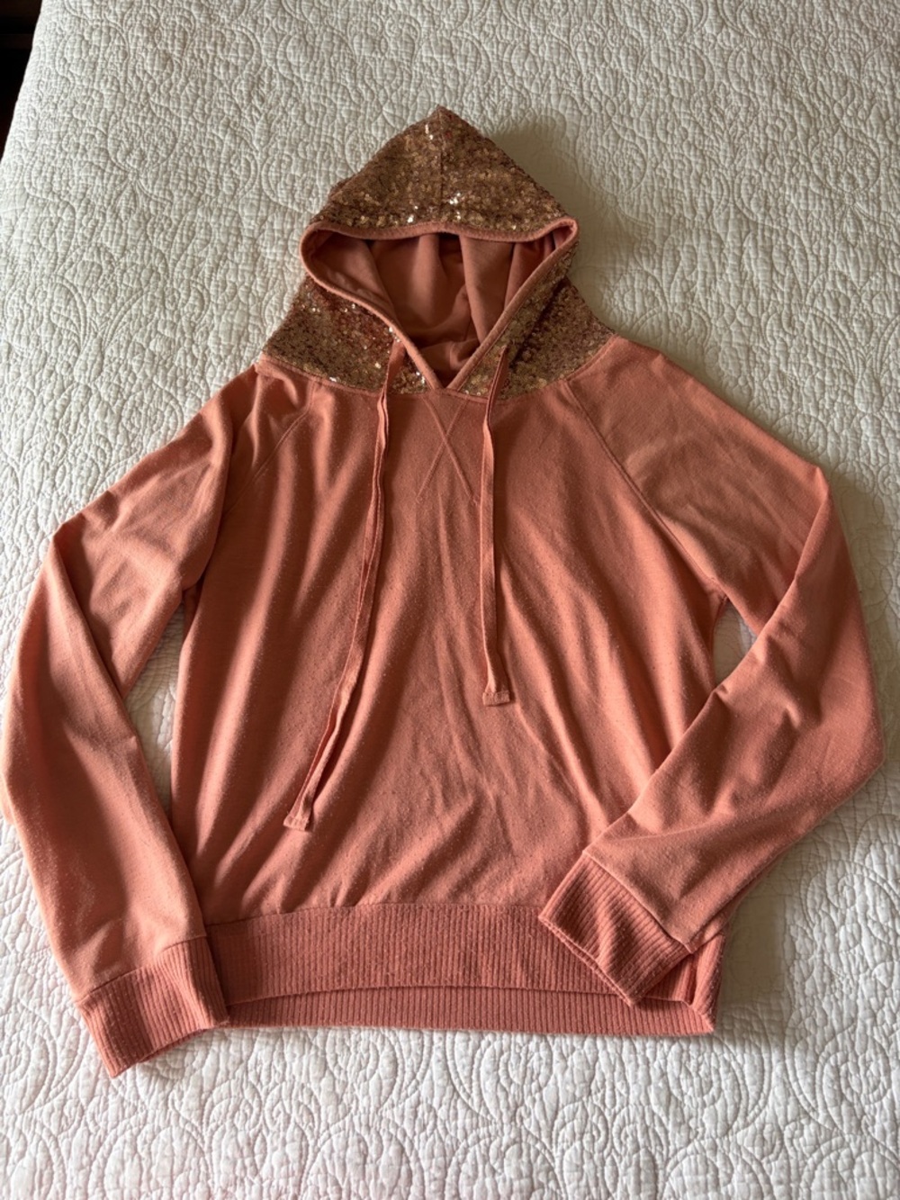 Sequin Hooded Pullover Sweatshirt - Salmon Pink with rose gold sequined hood
